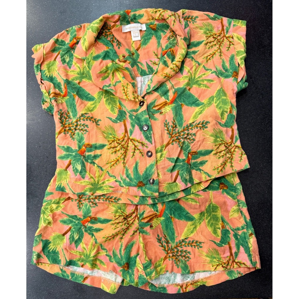Monteau Two Piece Set S Coral Tropical Palm Linen Blend Set Boho Vacation Beachy